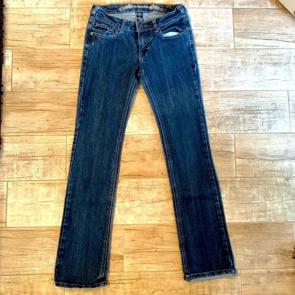 Iris denim straight leg jean with bling pockets. - Picture 1 of 2